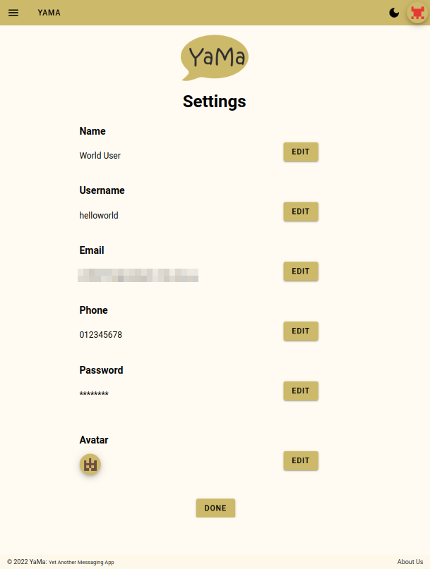 User Settings Page